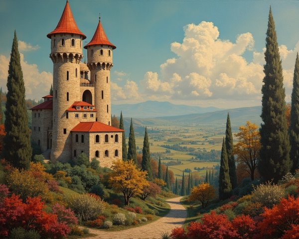 Picturesque Castle Surrounded by Rolling Hills and Foliage
