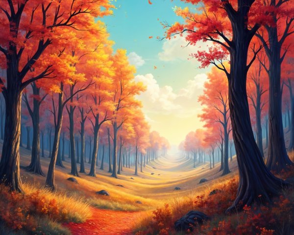 Vibrant Autumn Forest Path with Sunlit Landscape