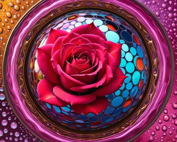 Surreal Image of Pink Rose in Glossy Orb with Colorful Background