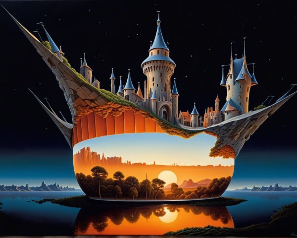 Surreal Landscape with Floating Castle and Night Sky