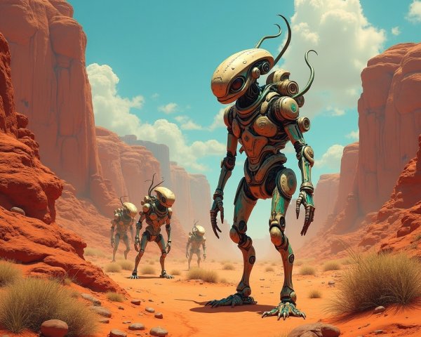 Humanoid Robots in a Vibrant Desert Landscape