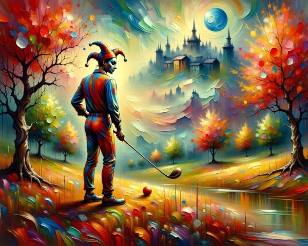 Vibrant Landscape with Jester and Whimsical Castle