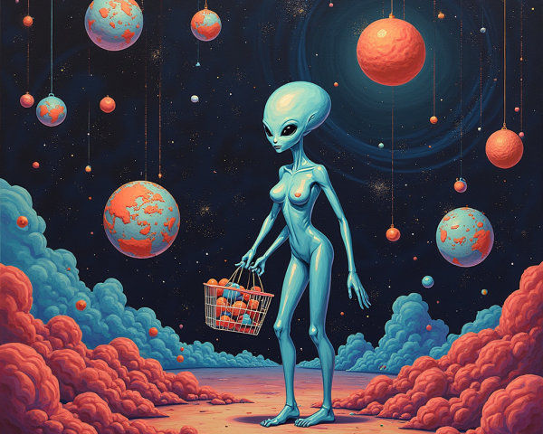 Alien Figure with Fruit Basket in Cosmic Landscape