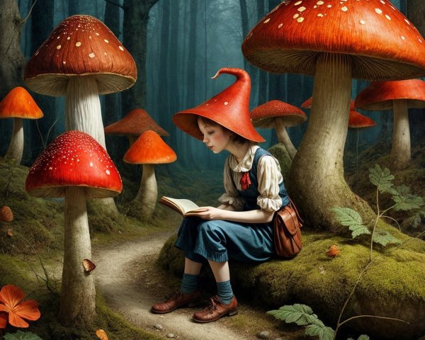 Whimsical Forest Scene with a Girl and Mushrooms