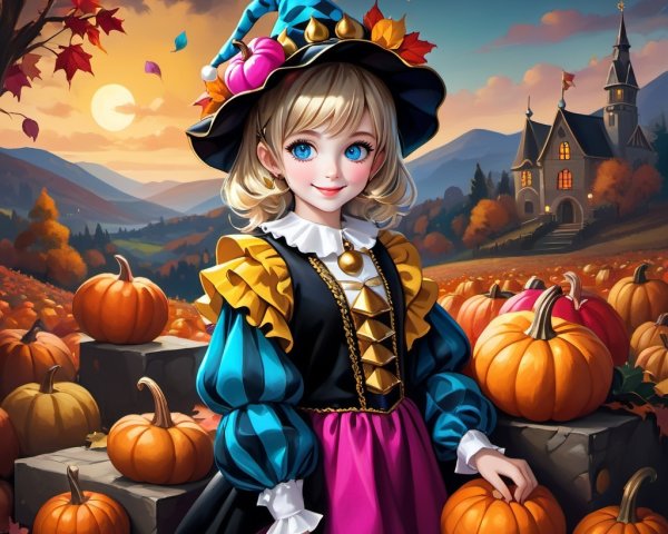 Cheerful Girl in Colorful Costume at Pumpkin Patch