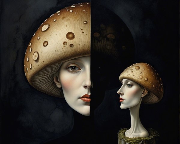 Surreal Portrait of Woman Merged with Mushroom Cap