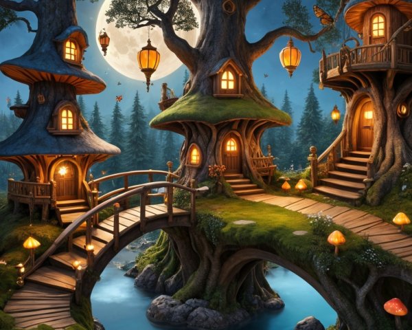 Enchanting Treehouses in a Moonlit Forest Scene