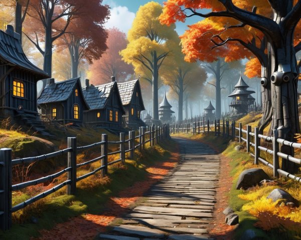 Charming Village Lane Surrounded by Autumn Trees