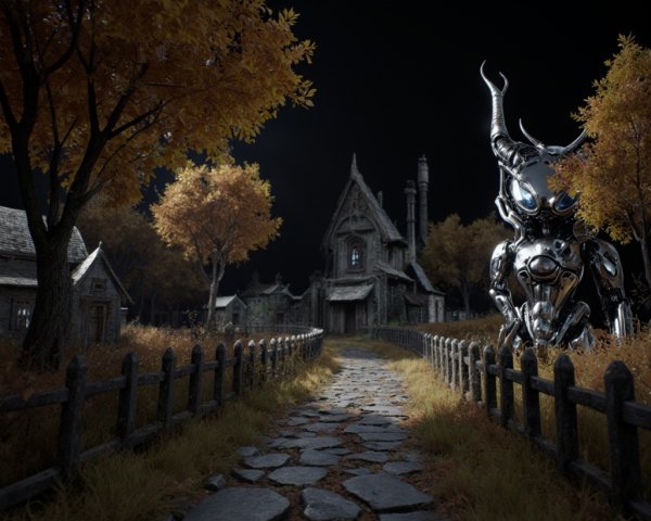 Winding Stone Path in Autumn Landscape with Robotics
