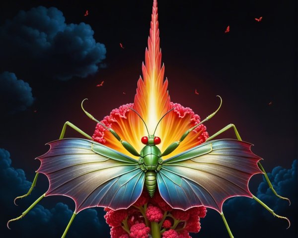 Vibrant Insect with Colorful Wings Among Flowers