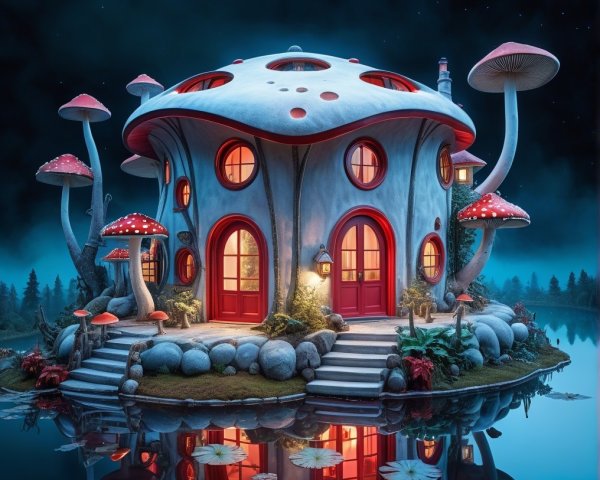 Whimsical Mushroom House in Enchanting Landscape