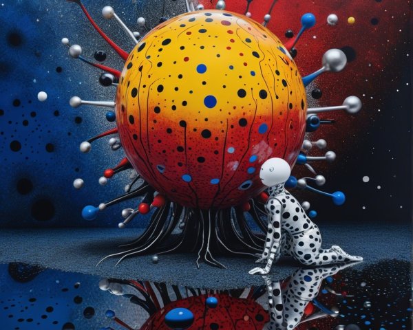 Surreal Artwork with Vibrant Sun and Colorful Orbs