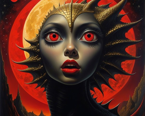 Fantastical Figure with Reptilian Texture and Red Moon