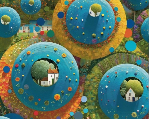 Whimsical Landscape with Colorful Circular Hills and Homes