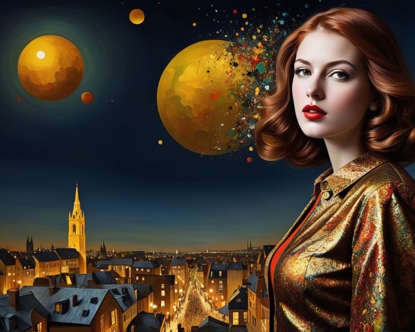 Woman with Red Hair in Starry Night Scene
