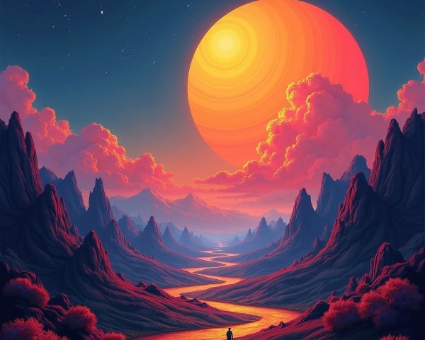 Winding River Through Rocky Terrain and Vibrant Sky