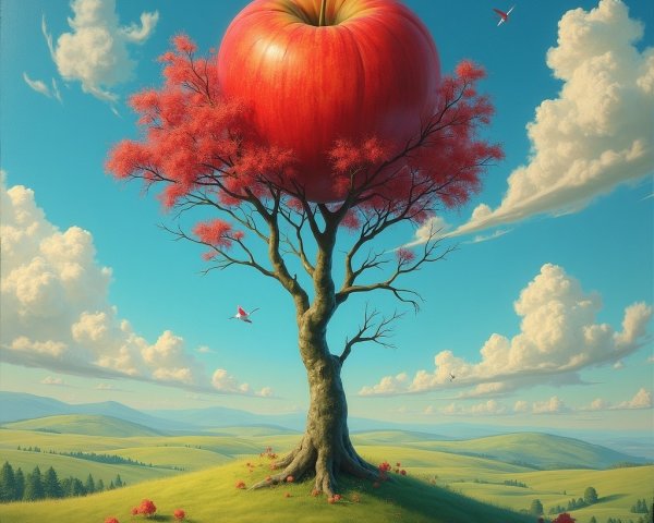 Surreal Landscape with Apple on Whimsical Tree