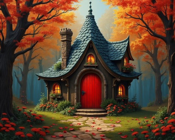 Storybook Cottage Surrounded by Autumn Trees