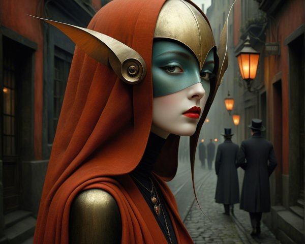 Mysterious Figure in Red Cloak and Futuristic Mask