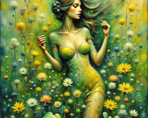 Serene Woman Surrounded by Vibrant Blooming Flowers