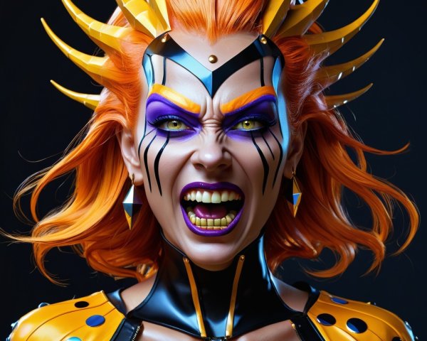 Fierce female character with vibrant orange hair and makeup