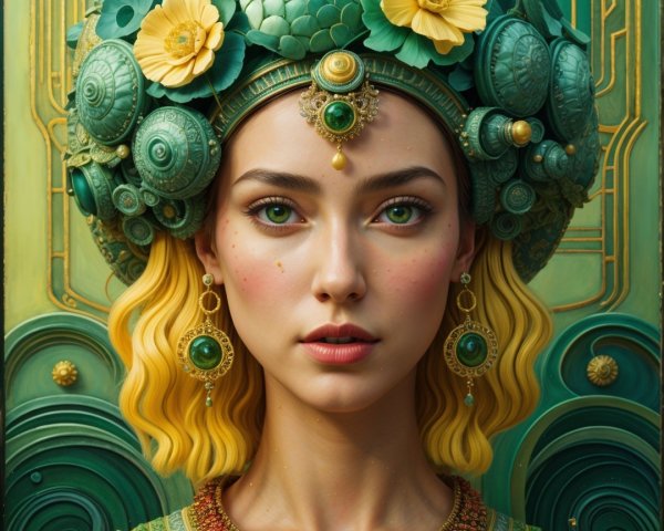 Portrait of a Woman with Green Eyes and Floral Hair