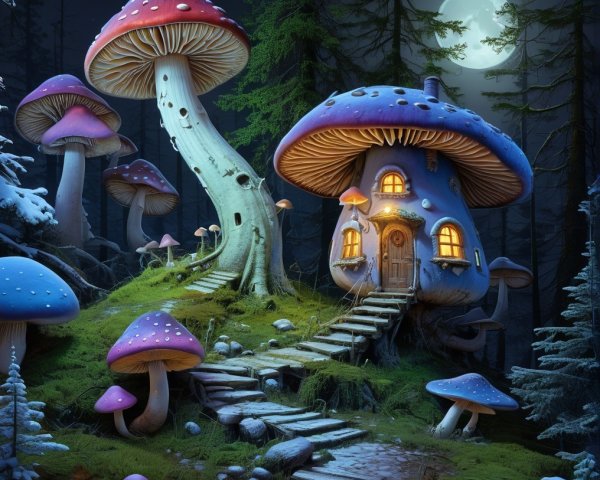 Whimsical Mushroom House in a Mystical Forest