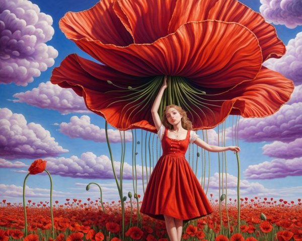 Young Woman in Red Dress Amidst Vibrant Poppy Field