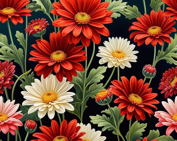 Vibrant Floral Pattern with Red and White Daisies