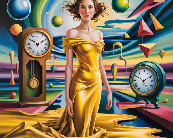 Surreal Scene of Woman in Golden Gown Among Clocks