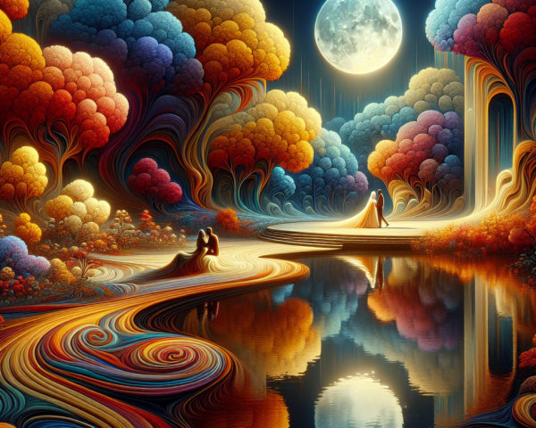 Surreal Landscape with Vibrant Trees and Moonlit River