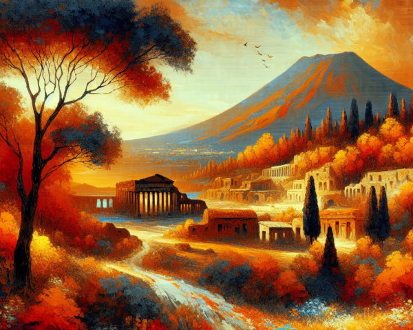 Serene Sunset Over Historic Site with Majestic Mountains