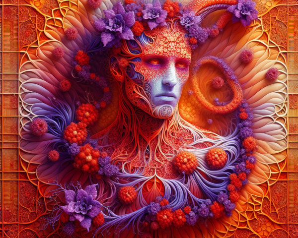 Surreal Human Head with Floral Patterns and Colors