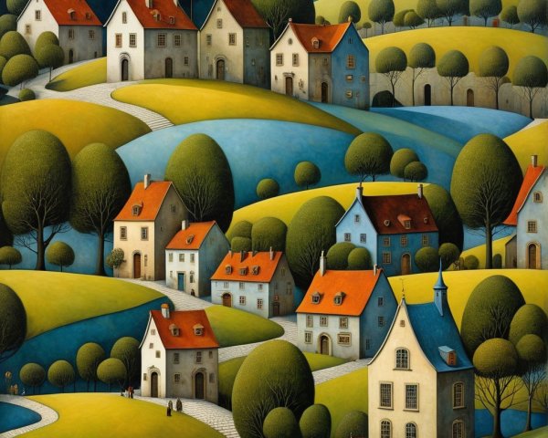 Whimsical Landscape with Unique Houses and Balloon