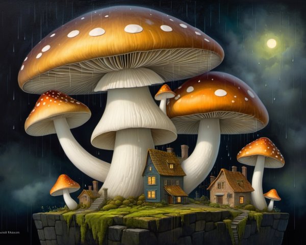 Whimsical Scene of Oversized Mushrooms and Houses