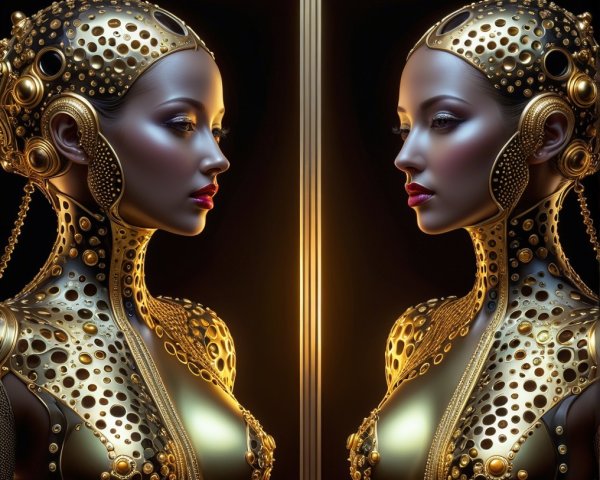 Futuristic humanoid robots with metallic skin and gold patterns