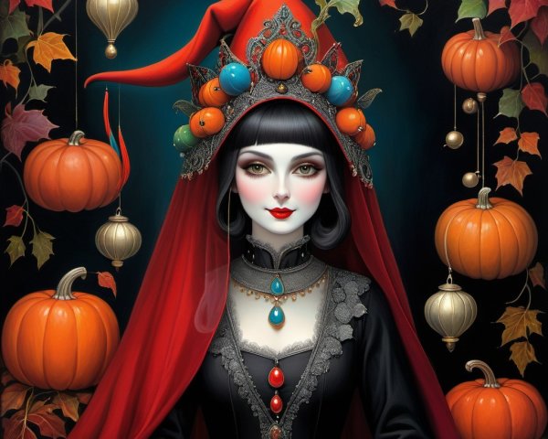 Mysterious Figure in Black Gown with Red Hood and Crown