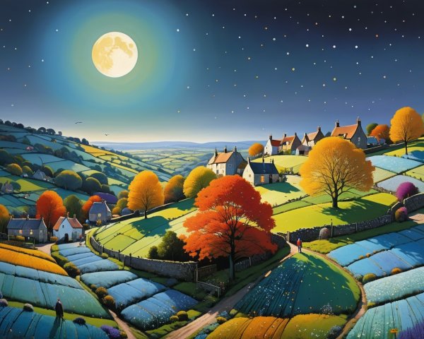Moonlit Countryside with Autumn Trees and Stars