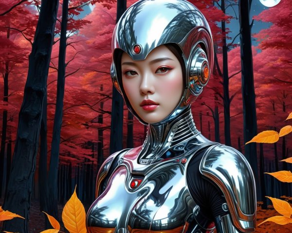 Futuristic Robot in Vibrant Autumn Forest Scene