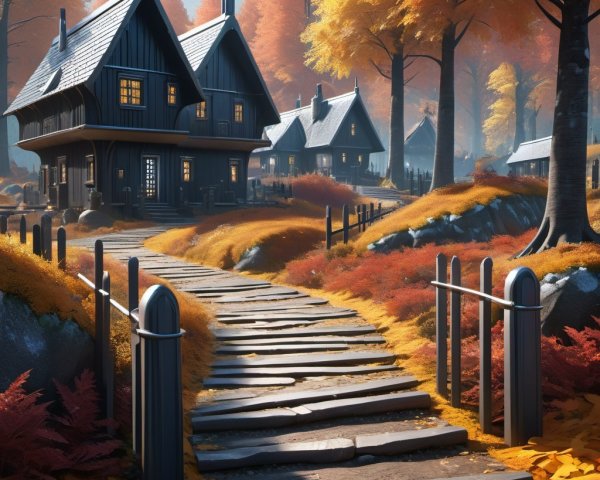 Cozy Autumn Village with Wooden Houses and Pathway