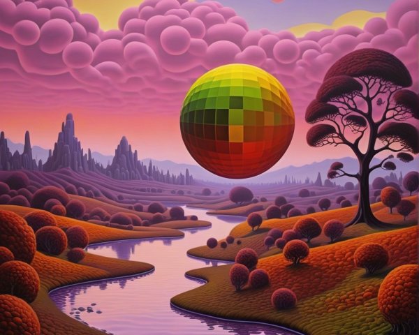 Surreal Landscape with Colorful Hills and Stream