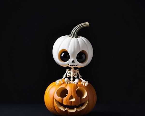 Stylized Skeleton on Carved Pumpkin Halloween Display