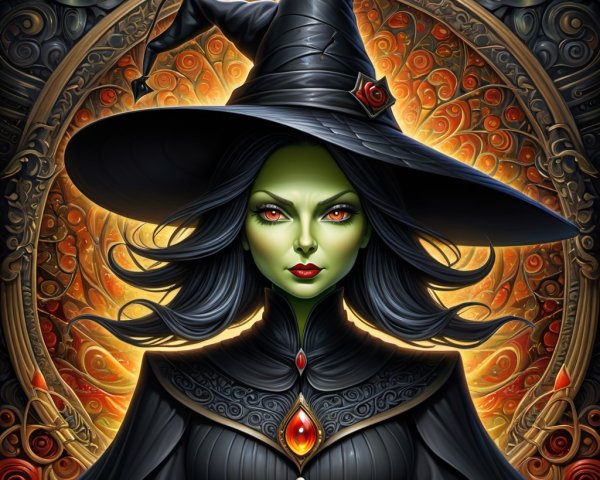 Witch with Green Skin and Fiery Background Details