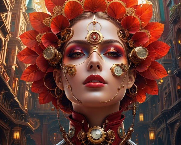 Steampunk Woman with Red Leaves and Golden Gears