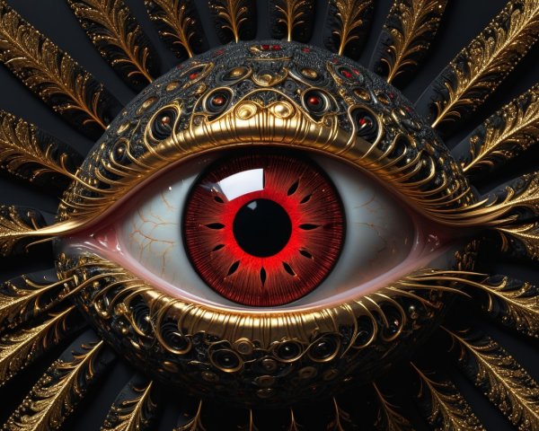 Intricately Designed Eye with Red Iris and Patterns