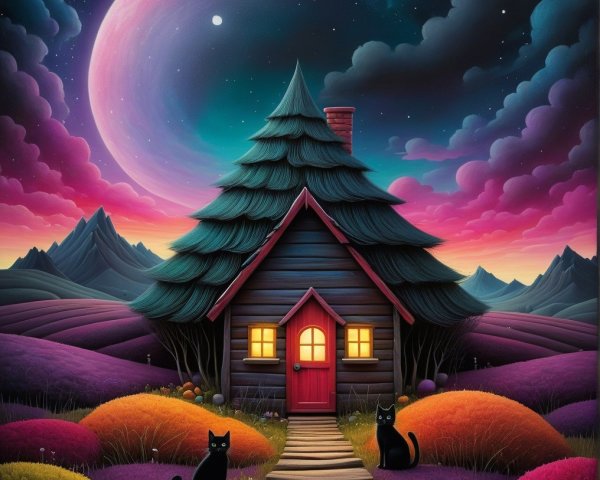 Cozy Cottage in Vibrant Otherworldly Landscape