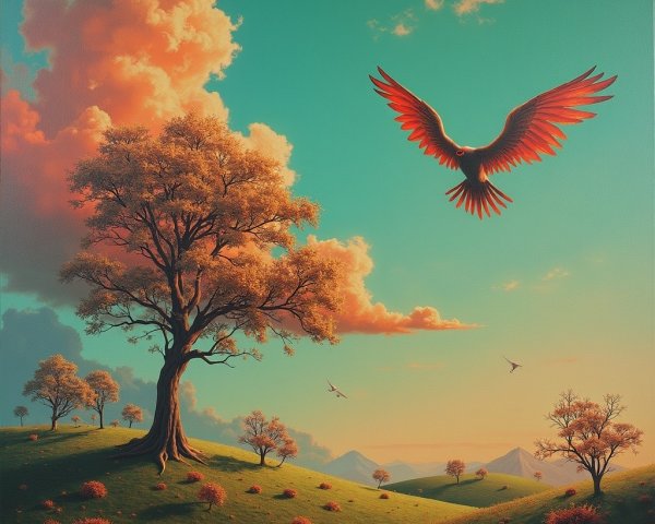 Serene Landscape with Vibrant Sky and Majestic Tree