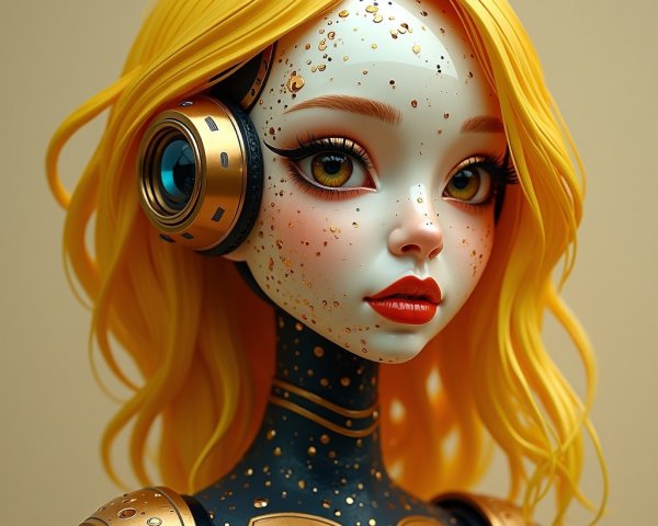 Futuristic Robot Doll with Blonde Hair and Gold Accents