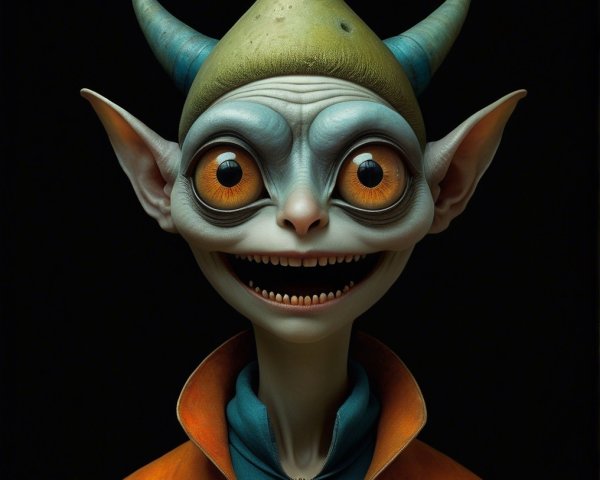 Whimsical creature with colorful attire and unique features