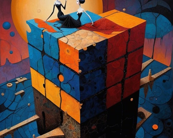Surreal Landscape with Figures on Colorful Rubik's Cube